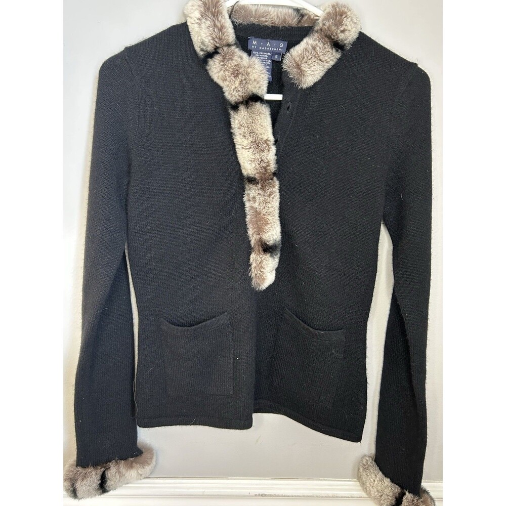 Mag By Magaschoni Women's M Brown 100% Cashmere Sweater w/ Rabbit Fur Collar